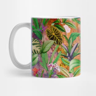 Stylish Tropical floral leaves and foliage botanical illustration, botanical pattern, tropical plants, orange yellow leaves pattern over a Mug